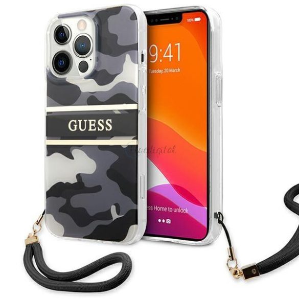 Guess GUHCP13LKCABBK iPhone 13 Pro / 13 6.1 „fekete kemény tok Camo Szíj Kollekció