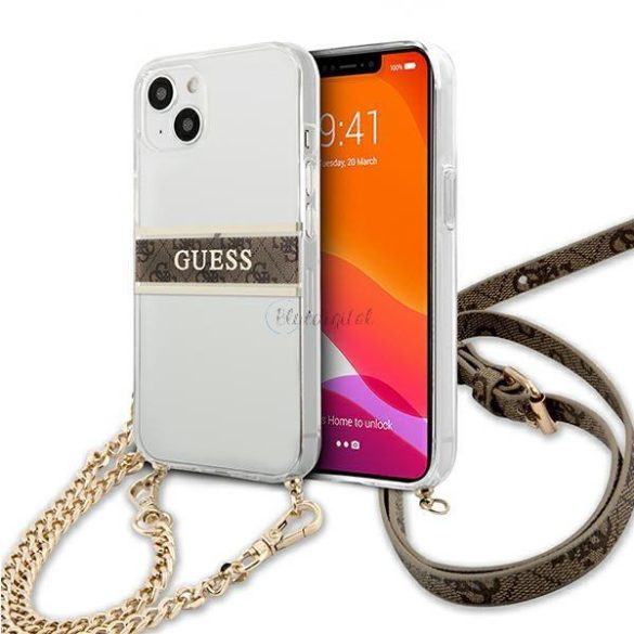 Guess GUHCP13SKC4GBGO iPhone 13 mini 5,4 „Átlátszó kemény tok 4G Barna Szíj aranylánc