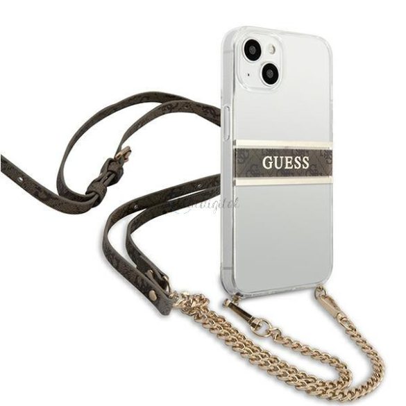 Guess GUHCP13SKC4GBGO iPhone 13 mini 5,4 „Átlátszó kemény tok 4G Barna Szíj aranylánc