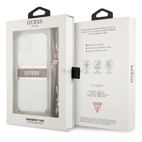 Guess GUHCP13SKC4GBGO iPhone 13 mini 5,4 „Átlátszó kemény tok 4G Barna Szíj aranylánc