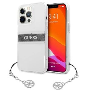 Guess GUHCP13LKB4GGR 4G Grey Strap Charm tok iPhone 13 / 13 Pro - átlátszó