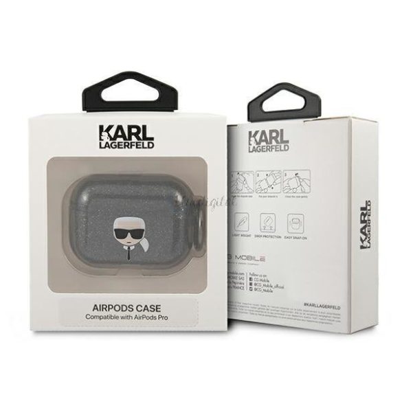 Karl Lagerfeld Khátlapukhgk Airpods Pro tok fekete csillámos Karl feje