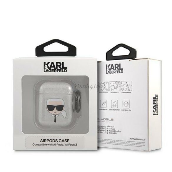 Karl Lagerfeld KLA2UKHGS Airpods tok Silver / Silver csillámos Karl feje