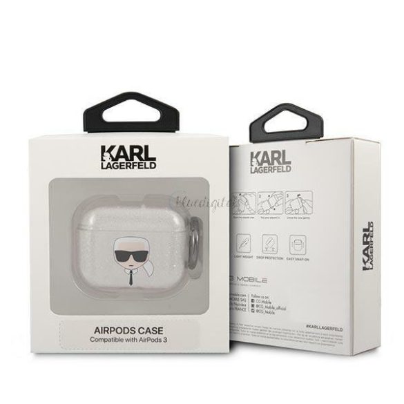 Karl Lagerfeld KLA3UKHGS AIRPODS 3 tok Silver / Silver csillámos Karl feje