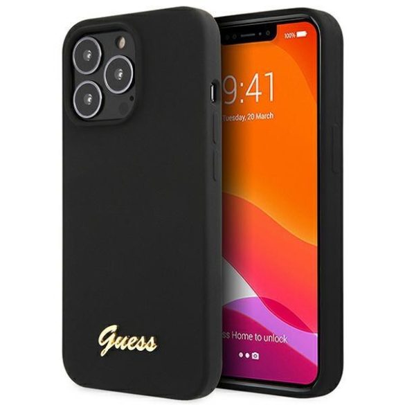 Guess GUHCP13XLSLMGBK iPhone 13 Pro Max 6.7" fekete keménytok szilikon Script arany logó