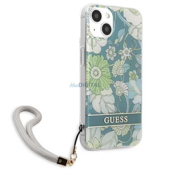 Guess GUHCP13SHFLSN iPhone 13 mini 5,4 "zöld keménytok virágszíjjal