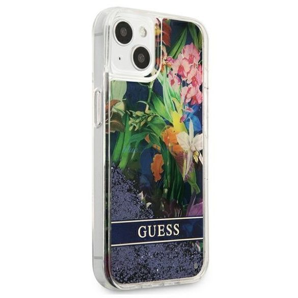 Guess GUHCP13SLFLSB iPhone 13 mini 5,4 "kék kemény tok Virág folyékony csillogó