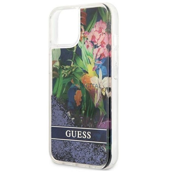 Guess GUHCP13SLFLSB iPhone 13 mini 5,4 "kék kemény tok Virág folyékony csillogó