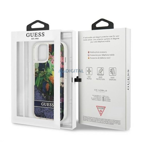 Guess GUHCP13SLFLSB iPhone 13 mini 5,4 "kék kemény tok Virág folyékony csillogó