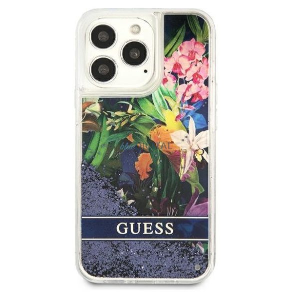 Guess GUHCP13LLFLSB iPhone 13 Pro / 13 6.1 "kék keménytok virág folyékony csillogó