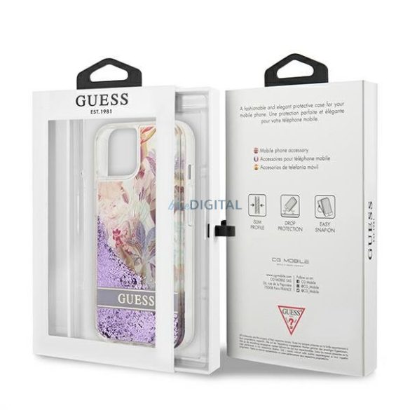 Guess GUHCP13SLFLSU iPhone 13 mini 5,4 "lila kemény tok Virág folyékony csillogó