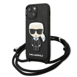 Karl Lagerfeld KLHCP13SCMNIPK iPhone 13 mini 5,4 "kemény tok fekete bőr monogramos patch és zsinór Ikonik