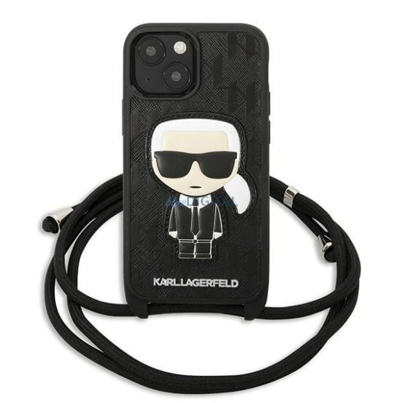 Karl Lagerfeld KLHCP13SCMNIPK iPhone 13 mini 5,4 "kemény tok fekete bőr monogramos patch és zsinór Ikonik