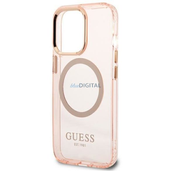 Guess GUHMP13XHTCMP iPhone 13 Pro Max 6,7" rózsaszín keménytok arany kontúrú, áttetsző MagSafe