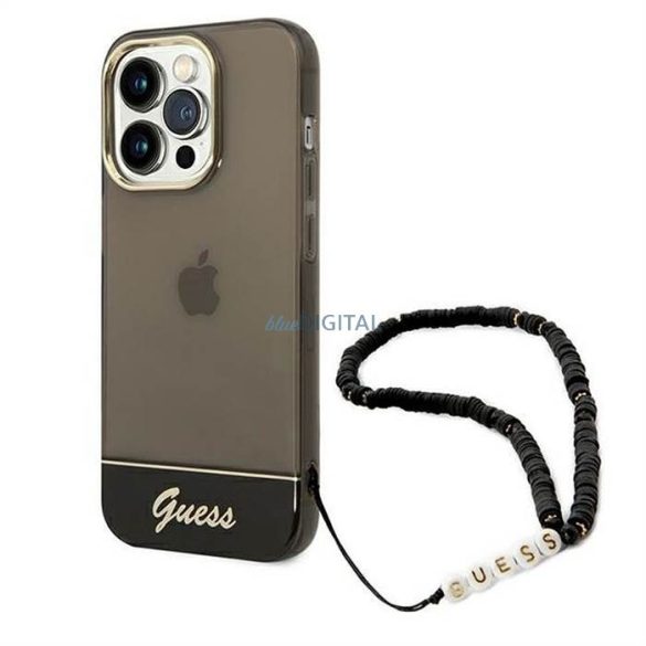Guess GUHCP14XHGGCOHK iPhone 14 Pro Max 6,7 "fekete keménytok áttetsző gyöngyház szíjjal