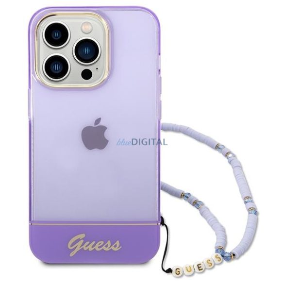 Guess GUHCP14LHGCOHU iPhone 14 Pro 6.1" lila keménytok áttetsző gyöngyház szíjjal