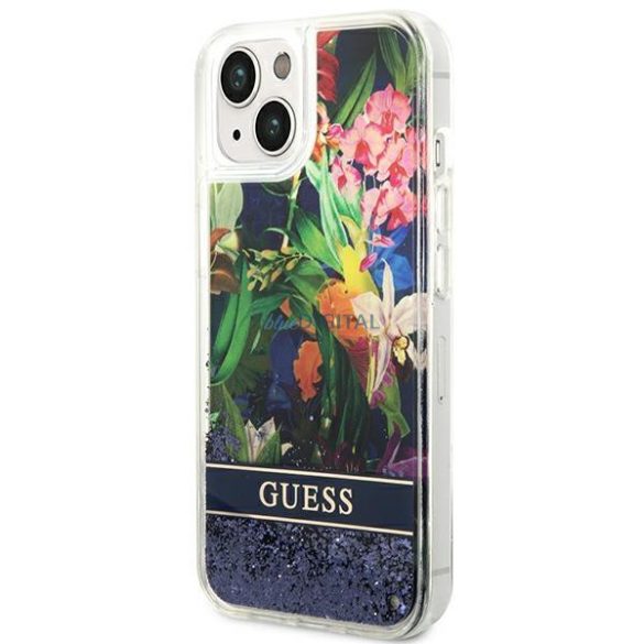 Guess GUHCP14SLFLSB iPhone 14 6.1 "kék kemény tok Virág folyékony csillogó