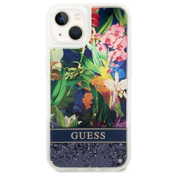 Guess GUHCP14SLFLSB iPhone 14 6.1 "kék kemény tok Virág folyékony csillogó