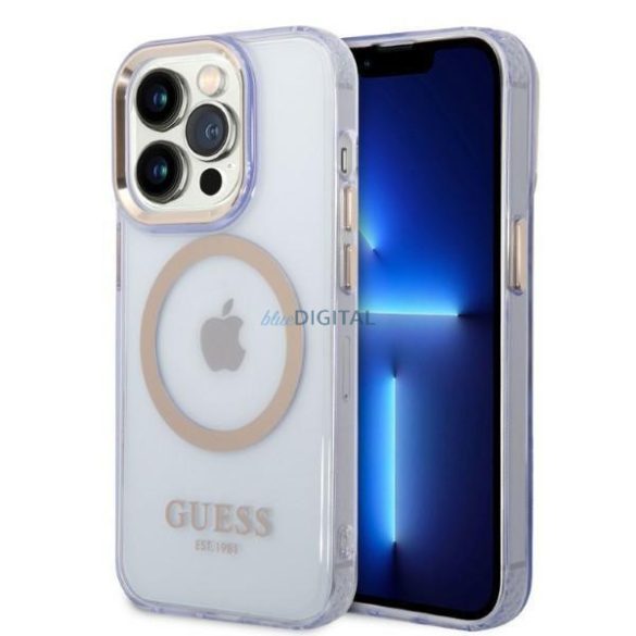 Guess GUHMP14LHTCMU iPhone 14 Pro 6.1" lila/lila kemény tok Arany kontúrú, áttetsző MagSafe áttetsző tok