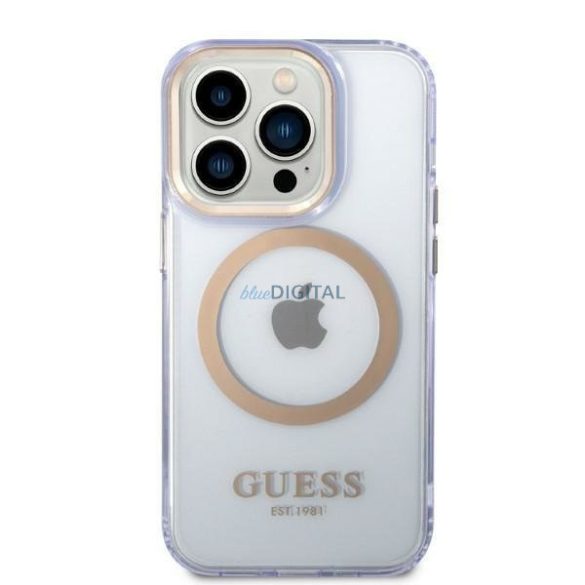 Guess GUHMP14LHTCMU iPhone 14 Pro 6.1" lila/lila kemény tok Arany kontúrú, áttetsző MagSafe áttetsző tok