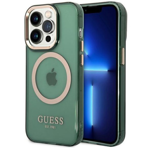 Guess GUHMP14LHTCMA iPhone 14 Pro 6.1" zöld/keki színű keménytok  Arany kontúrú MagSafe áttetsző tok