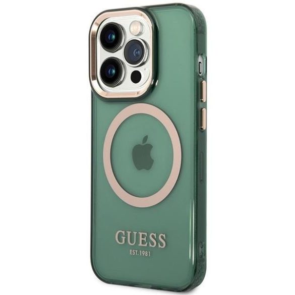 Guess GUHMP14LHTCMA iPhone 14 Pro 6.1" zöld/keki színű keménytok  Arany kontúrú MagSafe áttetsző tok