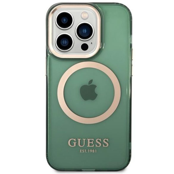 Guess GUHMP14LHTCMA iPhone 14 Pro 6.1" zöld/keki színű keménytok  Arany kontúrú MagSafe áttetsző tok