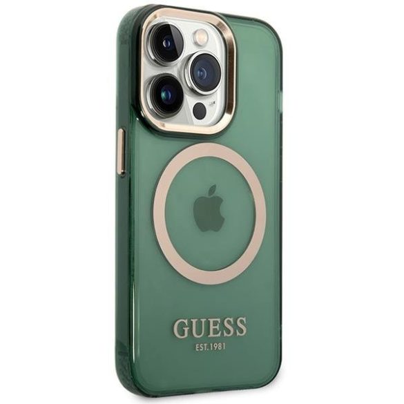 Guess GUHMP14LHTCMA iPhone 14 Pro 6.1" zöld/keki színű keménytok  Arany kontúrú MagSafe áttetsző tok