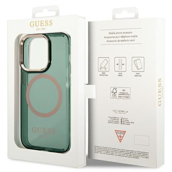 Guess GUHMP14LHTCMA iPhone 14 Pro 6.1" zöld/keki színű keménytok  Arany kontúrú MagSafe áttetsző tok