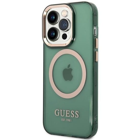 Guess GUHMP14XHTCMA iPhone 14 Pro Max 6.7" zöld/keki színű keménytok  Arany kontúrú, áttetsző MagSafe áttetsző tok