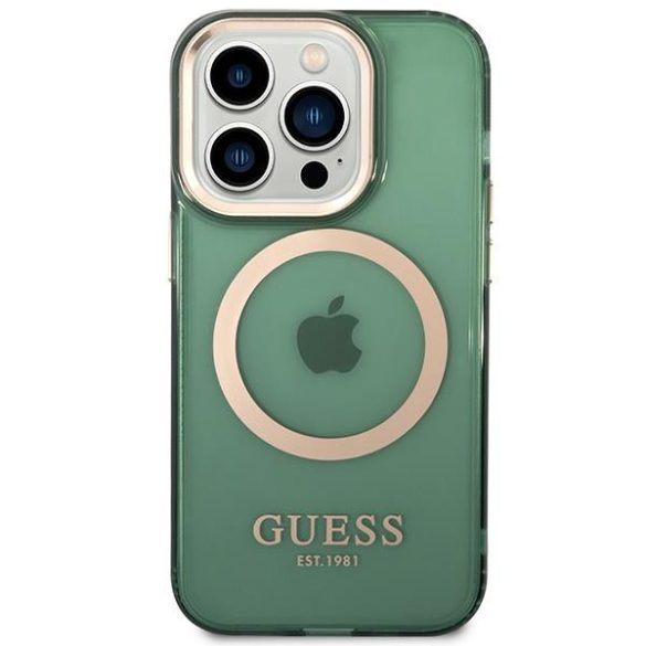 Guess GUHMP14XHTCMA iPhone 14 Pro Max 6.7" zöld/keki színű keménytok  Arany kontúrú, áttetsző MagSafe áttetsző tok