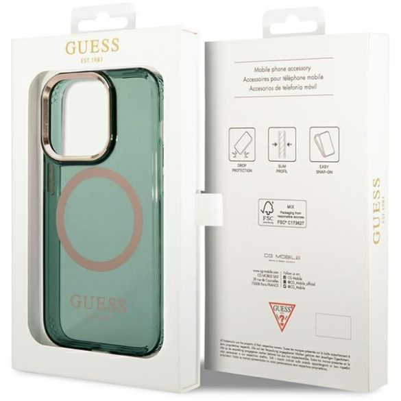 Guess GUHMP14XHTCMA iPhone 14 Pro Max 6.7" zöld/keki színű keménytok  Arany kontúrú, áttetsző MagSafe áttetsző tok