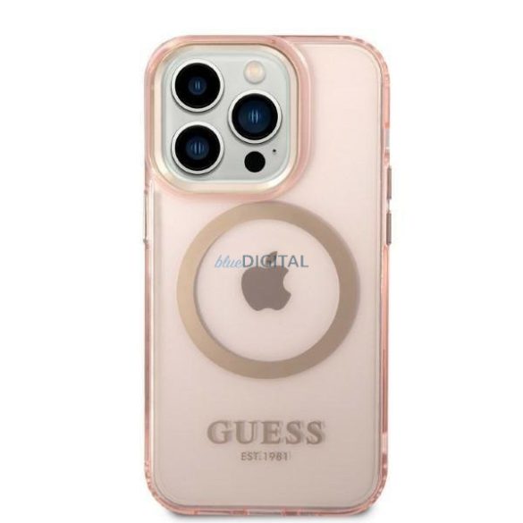 Guess GUHMP14LHTCMP iPhone 14 Pro 6.1" rózsaszín/rózsaszín kemény tok Arany kontúrú, áttetsző MagSafe tok