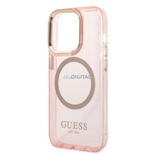Guess GUHMP14LHTCMP iPhone 14 Pro 6.1" rózsaszín/rózsaszín kemény tok Arany kontúrú, áttetsző MagSafe tok