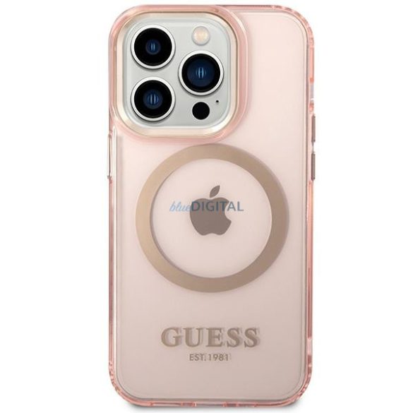 Guess GUHMP14XHTCMP iPhone 14 Pro Max 6.7" rózsaszín keménytok Arany kontúrú, áttetsző MagSafe