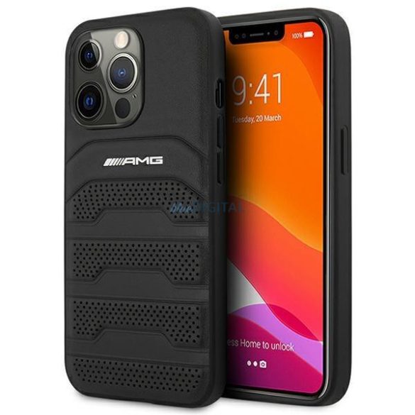 AMG AMHCP14LGSEBK iPhone 14 Pro 6,1" fekete bőr keménytáska bőr dombornyomott vonalakkal