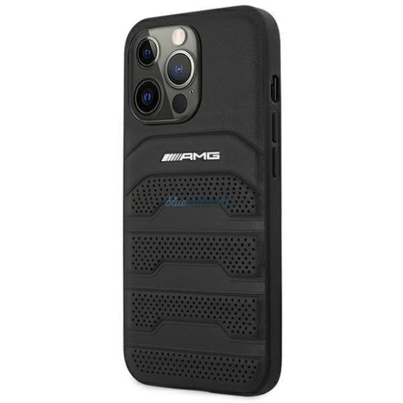 AMG AMHCP14LGSEBK iPhone 14 Pro 6,1" fekete bőr keménytáska bőr dombornyomott vonalakkal