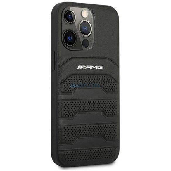 AMG AMHCP14LGSEBK iPhone 14 Pro 6,1" fekete bőr keménytáska bőr dombornyomott vonalakkal