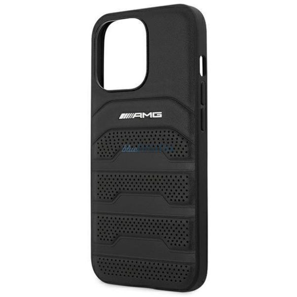 AMG AMHCP14LGSEBK iPhone 14 Pro 6,1" fekete bőr keménytáska bőr dombornyomott vonalakkal