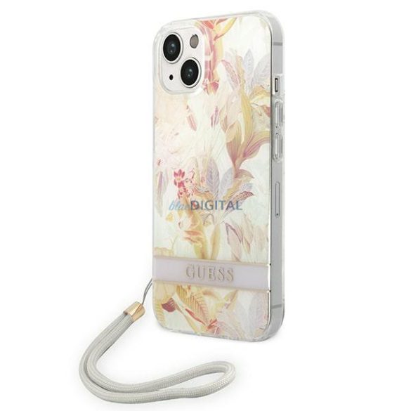 Guess GUOHCP14SHFLSU iPhone 14 6.1 "lila kemény tok Virágszíj