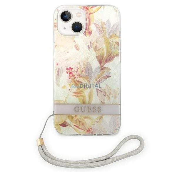 Guess GUOHCP14SHFLSU iPhone 14 6.1 "lila kemény tok Virágszíj