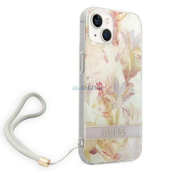 Guess GUOHCP14SHFLSU iPhone 14 6.1 "lila kemény tok Virágszíj