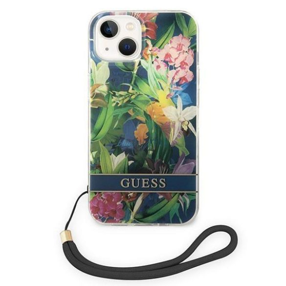 Guess GUOHCP14SHFLSB iPhone 14 6.1 "kék keménytokos virágpántos táska