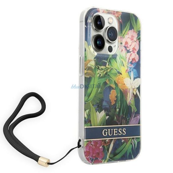 Guess GUOHCP14LHFLSB iPhone 14 Pro 6,1" kék keménytok virágos pántos tok
