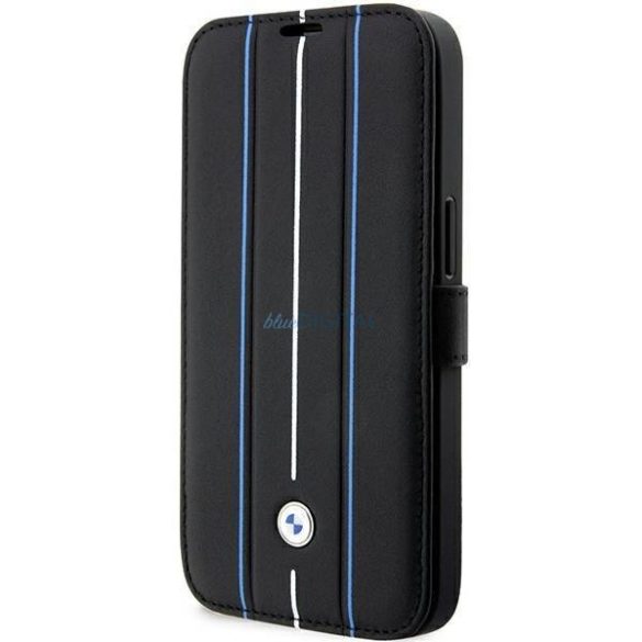 BMW BMBKP14L22RVSK iPhone 14 Pro 6.1" fekete bőr könyvtok logóval kék vonalas