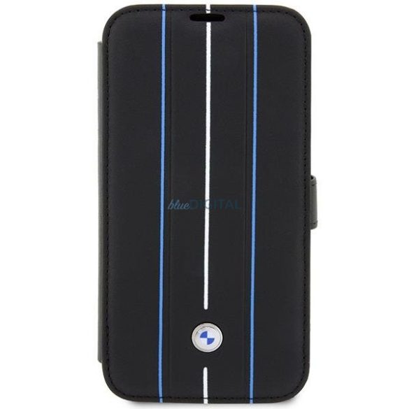 BMW BMBKP14X22RVSK iPhone 14 Pro Max 6.7" fekete bőr könyvtok logóval kék vonalas
