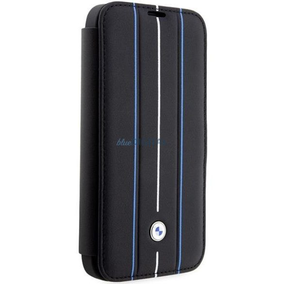 BMW BMBKP14X22RVSK iPhone 14 Pro Max 6.7" fekete bőr könyvtok logóval kék vonalas