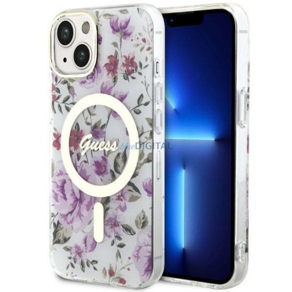 Guess GUHMP14MHCFWST iPhone 14 Plus 6.7" átlátszó keménytok Flower MagSafe