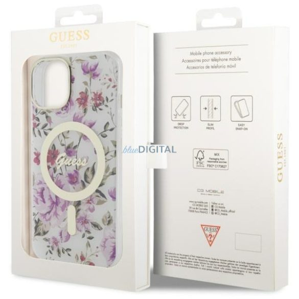 Guess GUHMP14MHCFWST iPhone 14 Plus 6.7" átlátszó keménytok Flower MagSafe