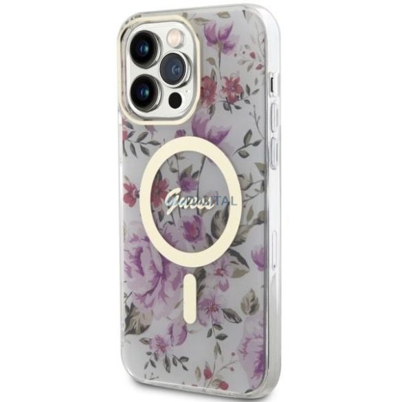 Guess GUHMP14XHCFWST iPhone 14 Pro Max 6.7" átlátszó keménytok Virágmintás MagSafe